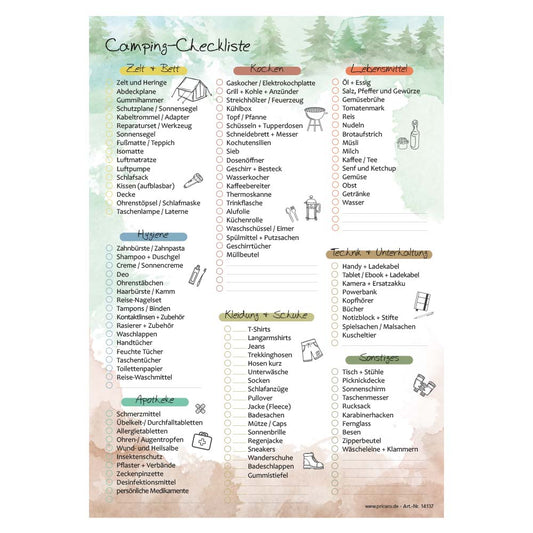 camping checkliste, zum ankreuzen verschiedene dinge, front ansicht