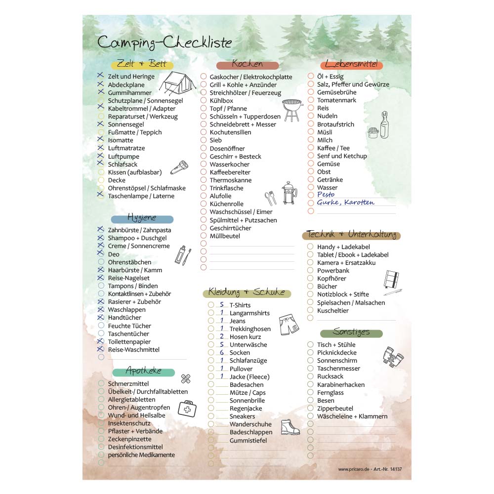 camping checkliste, zum ankreuzen verschiedene dinge, front ansicht, ausfüllbeispiel