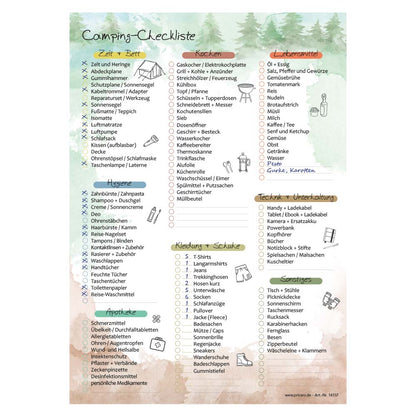 camping checkliste, zum ankreuzen verschiedene dinge, front ansicht, ausfüllbeispiel
