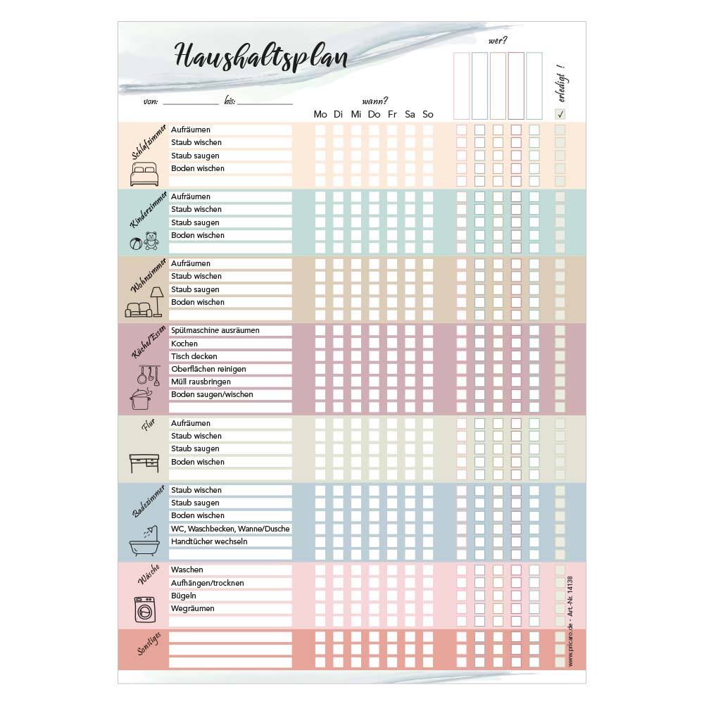 putzplan icons, bunte optik mit spalten für verschiedene zimmer, wochentage und zuständigkeiten, front ansicht