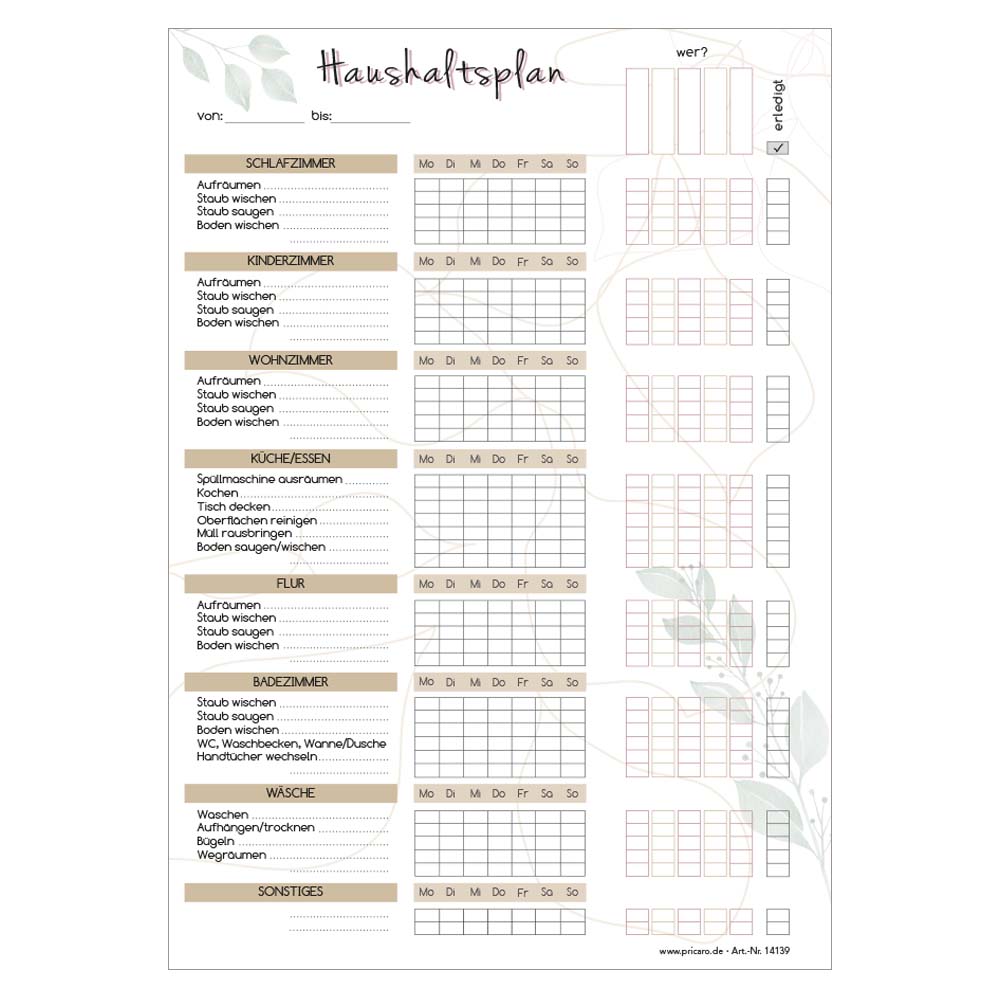 putzplan blätter, beige-weiße optik mit spalten für verschiedene zimmer, wochentage und zuständigkeiten, front ansicht