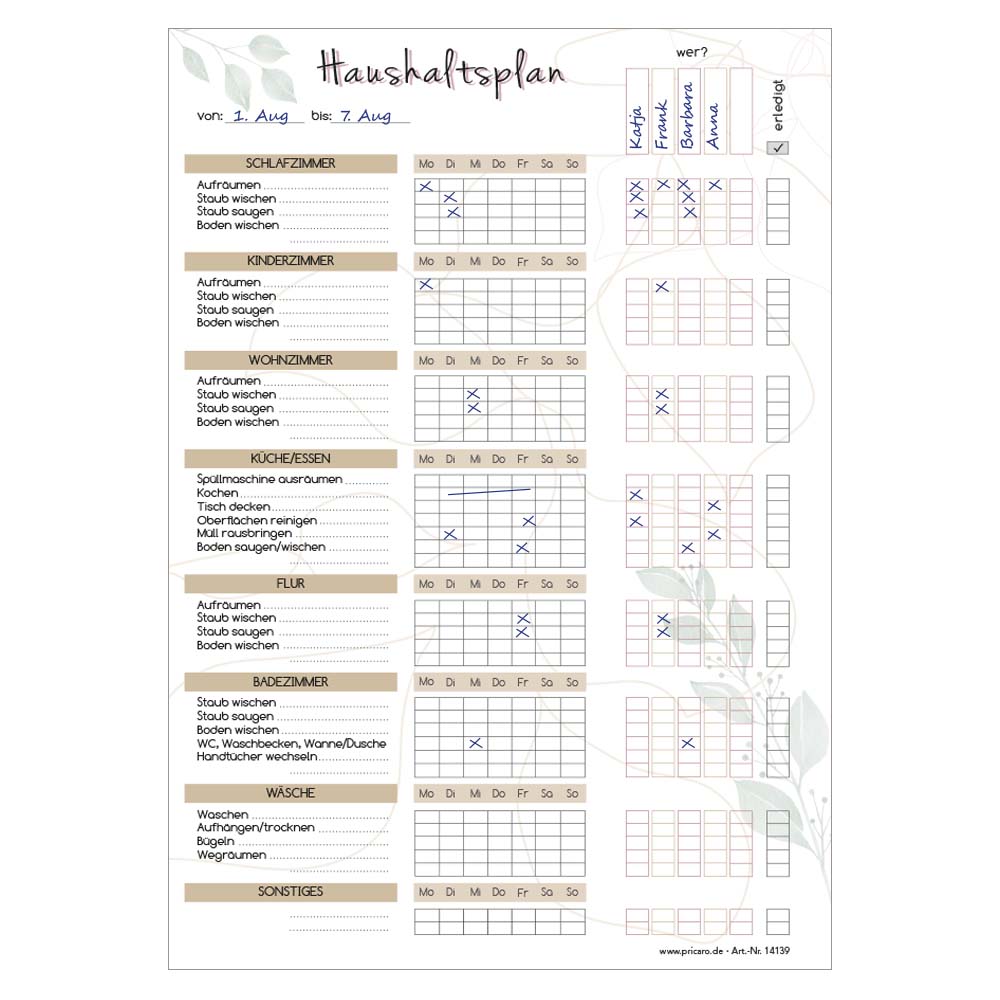 putzplan blätter, beige-weiße optik mit spalten für verschiedene zimmer, wochentage und zuständigkeiten, ausfüllbeispiel