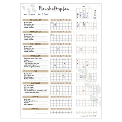 putzplan blätter, beige-weiße optik mit spalten für verschiedene zimmer, wochentage und zuständigkeiten, ausfüllbeispiel