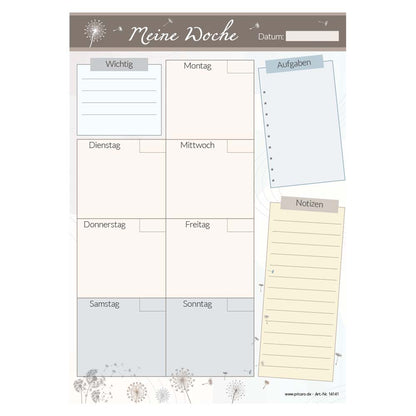 wochenplaner pusteblume, hochformat, braun-beige optik, mit kleinen pusteblumen, frontansicht