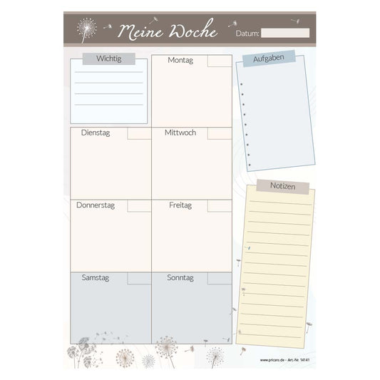 wochenplaner pusteblume, hochformat, braun-beige optik, mit kleinen pusteblumen, frontansicht