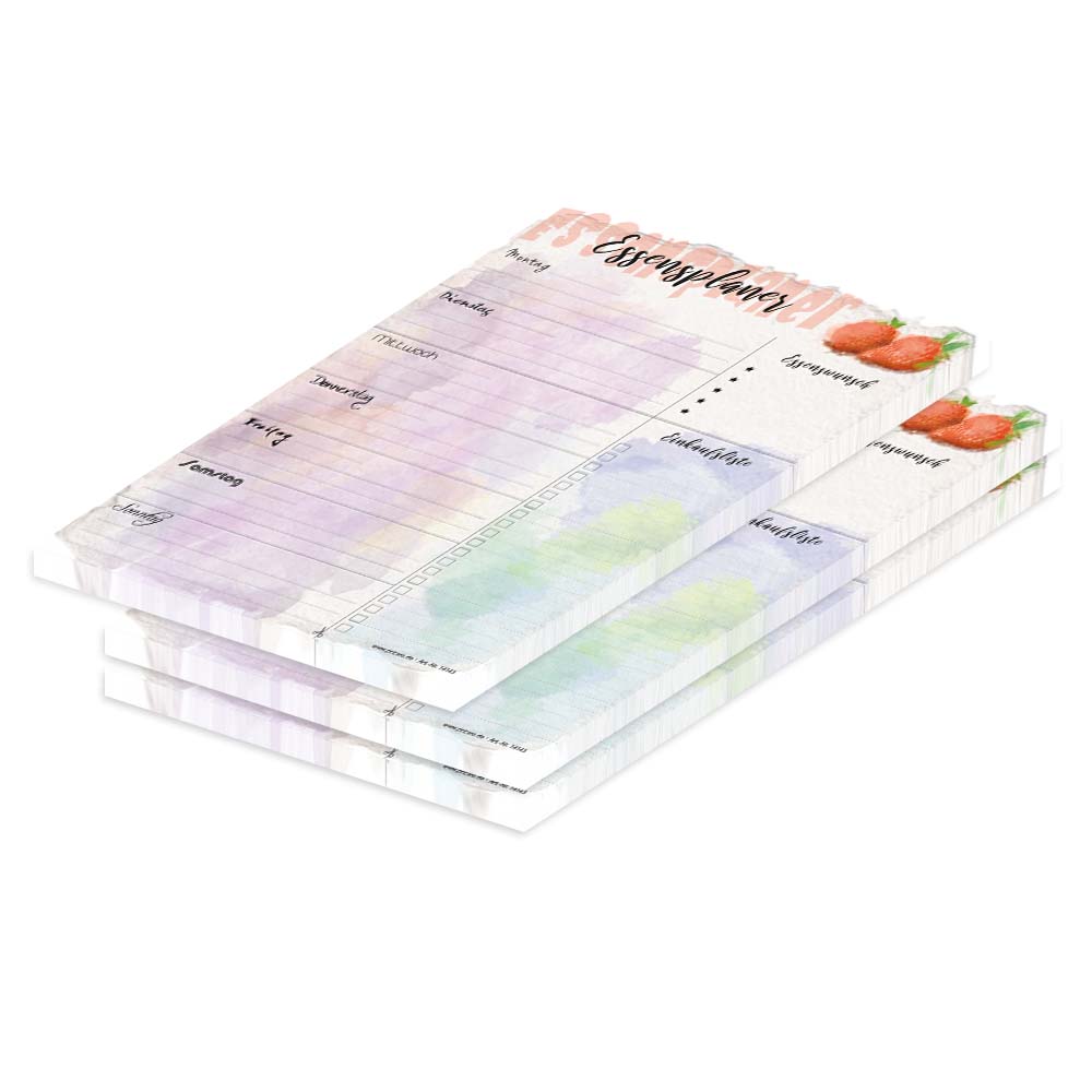 essensplaner aquarell, a5, bunte optik im aquarellstil mit feldern von montag bist sonntag und je einem feld für essenswünche und einkäufen, 3er set