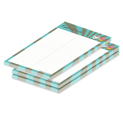 einkaufsliste tasse muffin, a5, bunte optik mit einer kaffeetasse mit cupcake im oberen bereich und spalten für artikel, 3er set