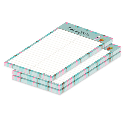 einkaufsliste shake, a5, bunte optik mit einem erdbeershake im oberen bereich und spalten für artikel, 3er set