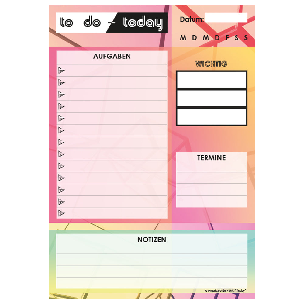 to do liste today, a5, bunte optik, zeilen für aufgaben und zusätzlicher notizbereich für weitere notizen, frontansicht