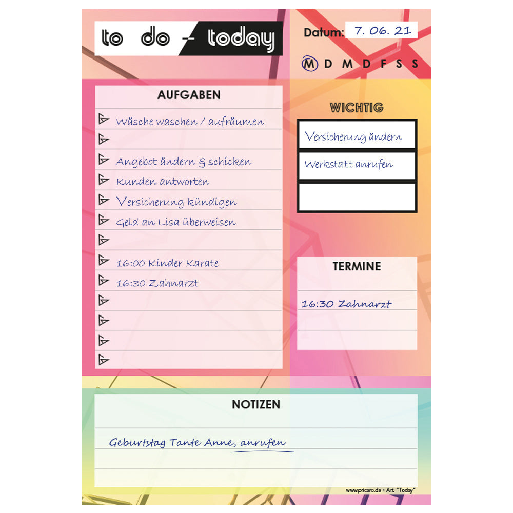 to do liste today, a5, ausfüllbeispiel