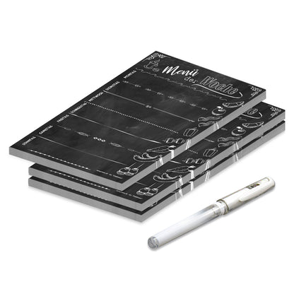 essensplaner chalkboard, a5, schwarz-weiße optik im stil einer kreidetafel mit feldern von montag bist sonntag, 3er set mit weißem gelstift