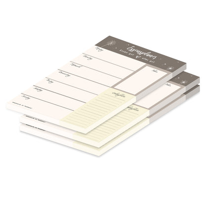 essensplaner pusteblume, a5, beige-braune optik mit kleinen pusteblumen, mit spalten für montag bis sonntag sowie feldern für notizen und einem bereich für einkäufe, 3er set