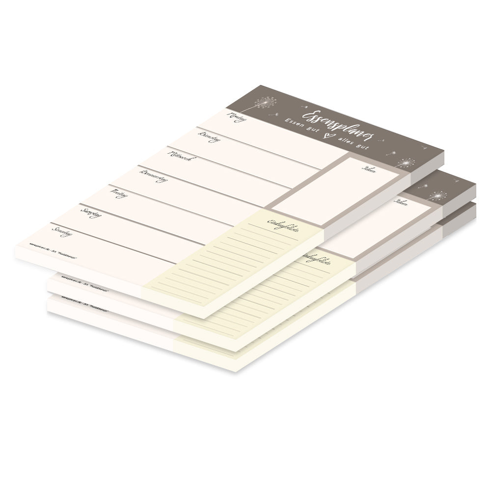 essensplaner pusteblume, a5, beige-braune optik mit kleinen pusteblumen, mit spalten für montag bis sonntag sowie feldern für notizen und einem bereich für einkäufe, 3er set