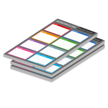 essensplaner perfekt, a5, anthrazit-bunte optik,  mit spalten für montag bis sonntag sowie einem feld für ideen und notizen, 3er set
