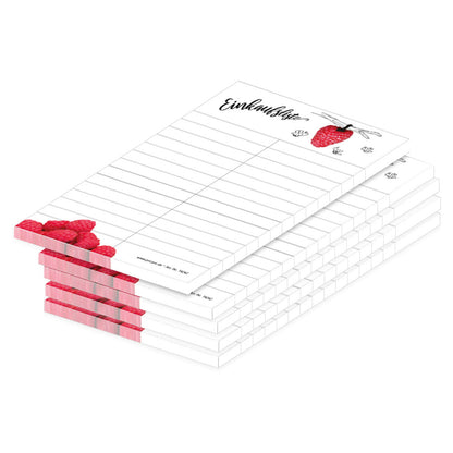einkaufsliste himbeere, a6, weiß-rote optik, himbeeren im unteren bereich und spalten für produkte zum notieren, 5er set