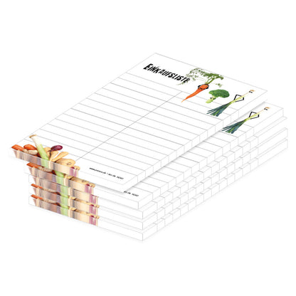 einkaufsliste gemüse, a6, weiß-bunte optik, gemüse im unteren und oberen bereich und spalten für produkte zum notieren, 5er set