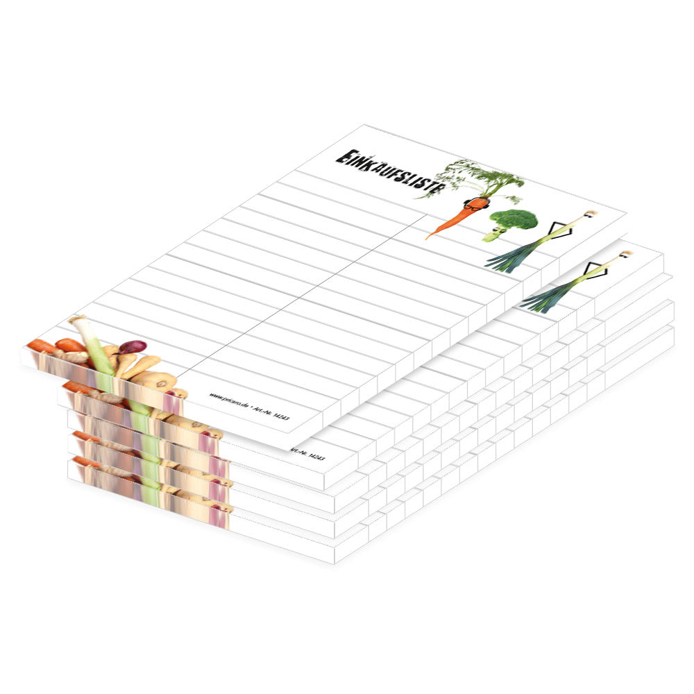 einkaufsliste gemüse, a6, weiß-bunte optik, gemüse im unteren und oberen bereich und spalten für produkte zum notieren, 5er set
