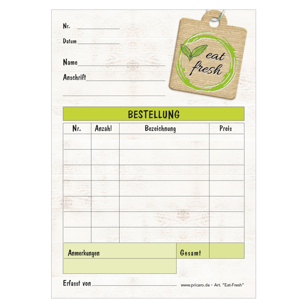 Bestellannahmeblock eat fresh, a6, braune holzoptik mit grünen akzenten, platz für wichtige bestellinformationen wie kundendaten, artikeldaten, preis, uvm., frontansicht