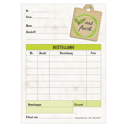 Bestellannahmeblock eat fresh, a6, braune holzoptik mit grünen akzenten, platz für wichtige bestellinformationen wie kundendaten, artikeldaten, preis, uvm., frontansicht