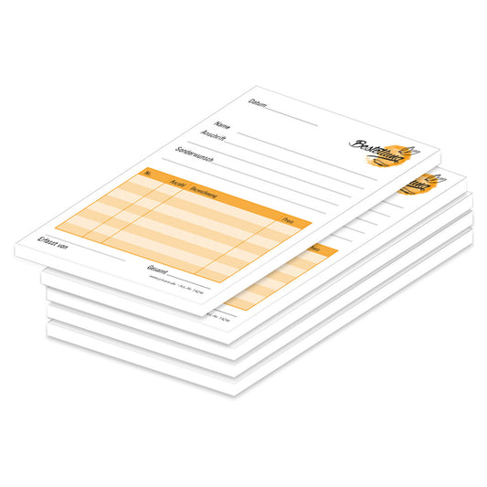 Bestellannahmeblock orange, a6, orangene optik, platz für wichtige bestellinformationen wie kundendaten, artikeldaten, preis, uvm., 5er set