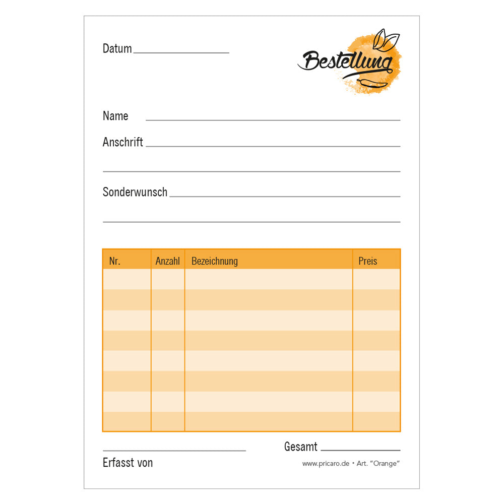 Bestellannahmeblock orange, a6, orangene optik, platz für wichtige bestellinformationen wie kundendaten, artikeldaten, preis, uvm., frontansicht