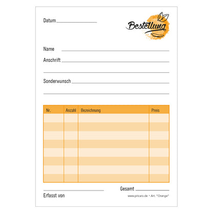 Bestellannahmeblock orange, a6, orangene optik, platz für wichtige bestellinformationen wie kundendaten, artikeldaten, preis, uvm., frontansicht