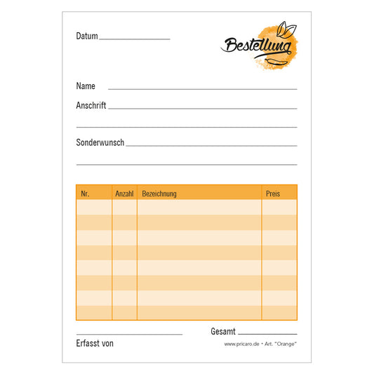 Bestellannahmeblock orange, a6, orangene optik, platz für wichtige bestellinformationen wie kundendaten, artikeldaten, preis, uvm., frontansicht