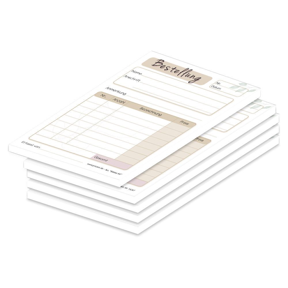 Bestellannahmeblock blätter, a6, beige-weiße optik , modernes design mit blätter optik, platz für wichtige bestellinformationen wie kundendaten, artikeldaten, preis, uvm., 5er set