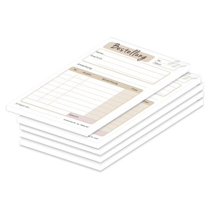 Bestellannahmeblock blätter, a6, beige-weiße optik , modernes design mit blätter optik, platz für wichtige bestellinformationen wie kundendaten, artikeldaten, preis, uvm., 5er set