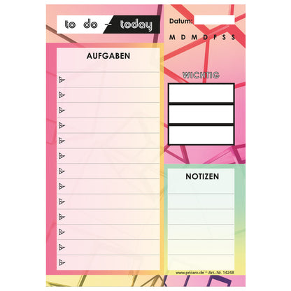 to do liste today, a6, bunte optik, zeilen für aufgaben und zusätzlicher notizbereich für weitere notizen, frontansicht