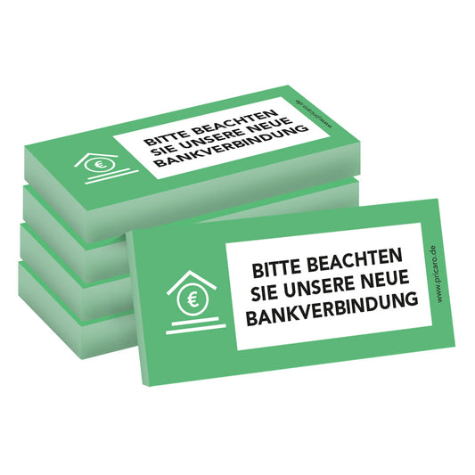 haftnotiz schmal, mit aufdruck "bitte beachten sie unsere neue bankverbindung", grüne optik, 5er set