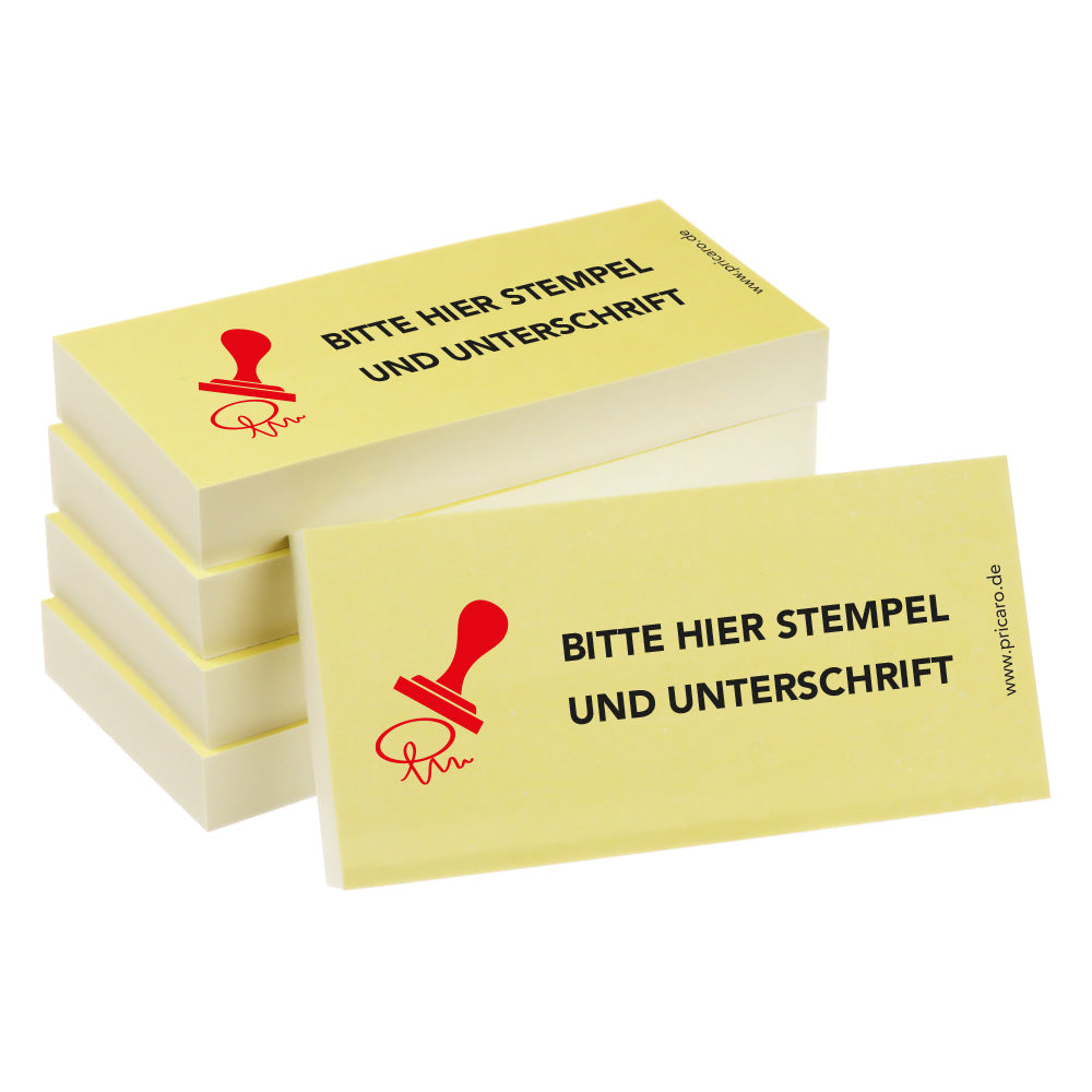 haftnotiz schmal, mit aufdruck "bitte hier stempel und unterschrift", gelbe optik, 5er set