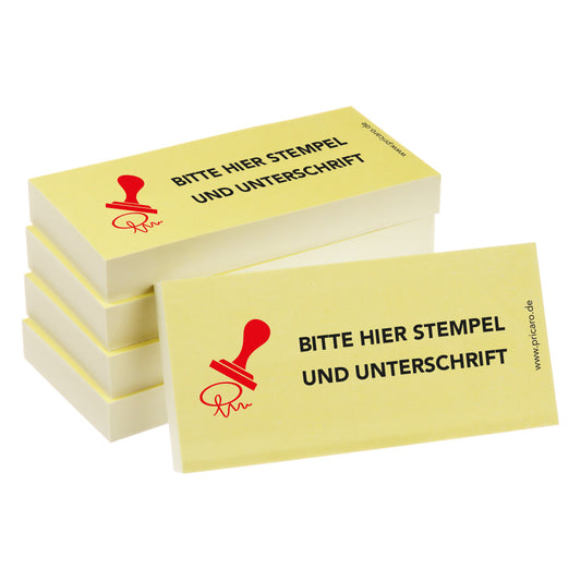 haftnotiz schmal, mit aufdruck "bitte hier stempel und unterschrift", gelbe optik, 5er set
