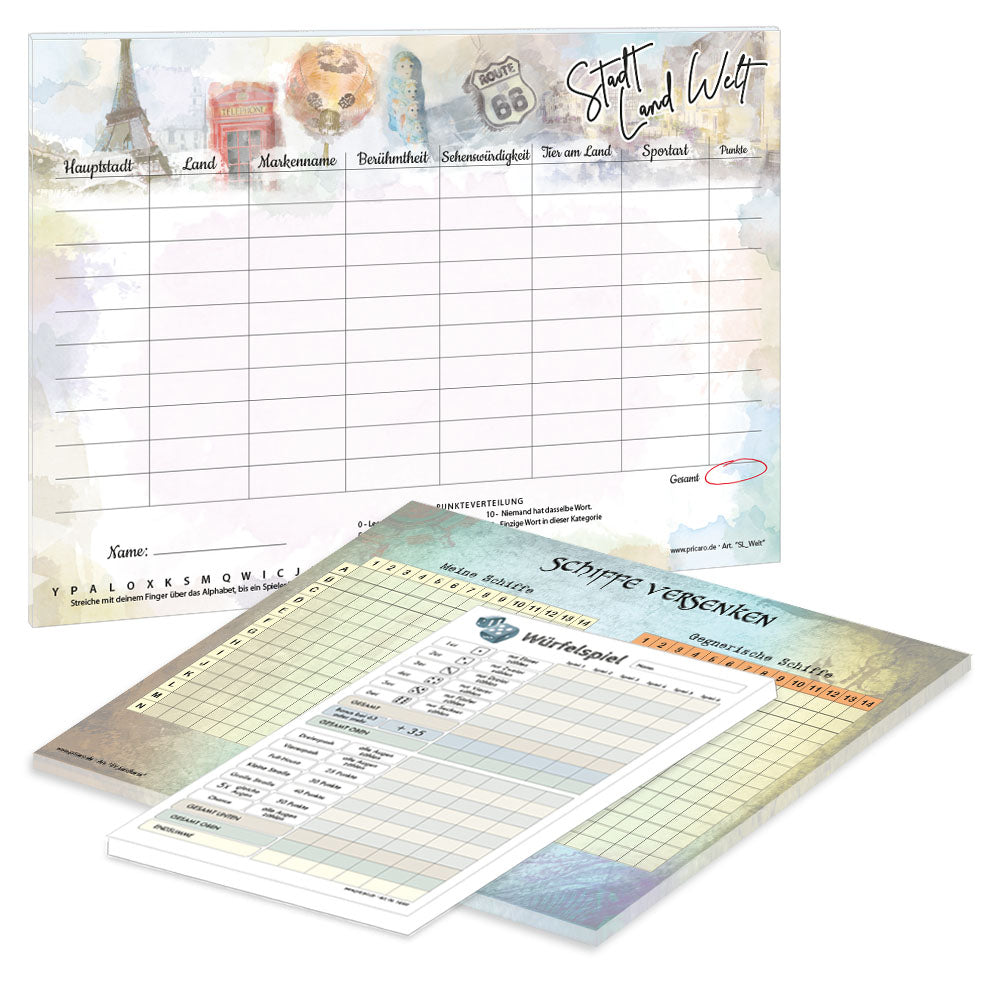 spielesammlung welt, 2x a4 blöcke (stadt land welt und schiffe versenken) und 1x a5 würfelspiel