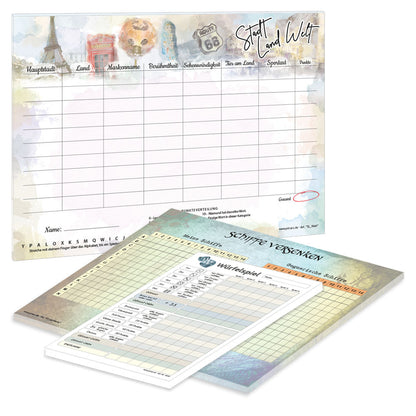 spielesammlung welt, 2x a4 blöcke (stadt land welt und schiffe versenken) und 1x a5 würfelspiel