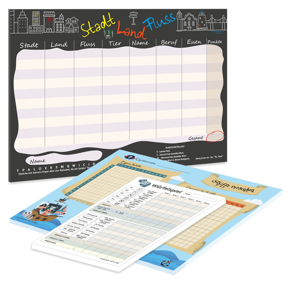 spielesammlung kids, 3er set, 2x a4 blöcke (stadt land fluss und schiffe versenken) und 1x a5 würfelspiel