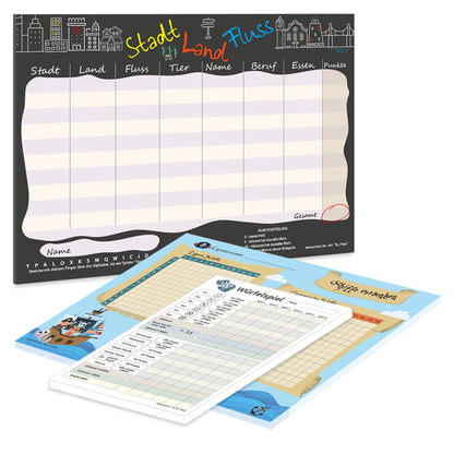 spielesammlung kids, 3er set, 2x a4 blöcke (stadt land fluss und schiffe versenken) und 1x a5 würfelspiel