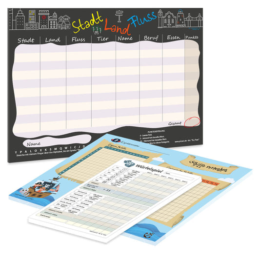 spielesammlung kids, 3er set, 2x a4 blöcke (stadt land fluss und schiffe versenken) und 1x a5 würfelspiel