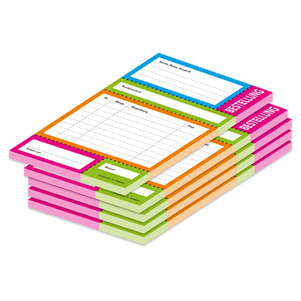 bestellannahmeblock knallfarben, a5, bunte optik, platz für wichtige bestellinformationen wie z.b. kundendaten, artikeldaten wie menge, preis uvm.,5er set