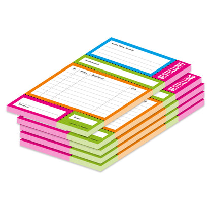 bestellannahmeblock knallfarben, a5, bunte optik, platz für wichtige bestellinformationen wie z.b. kundendaten, artikeldaten wie menge, preis uvm.,5er set