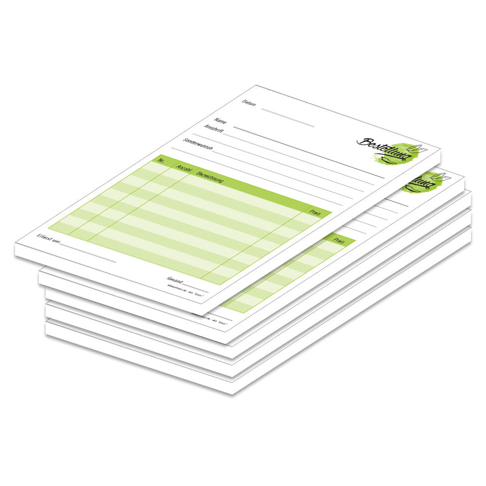 Bestellannahmeblock grün, a5, grüne optik, platz für wichtige bestellinformationen wie kundendaten, artikeldaten, preis, uvm., 5er set