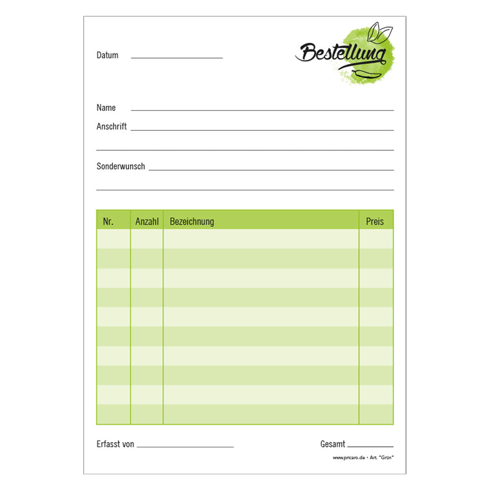 Bestellannahmeblock grün, a5, grüne optik, platz für wichtige bestellinformationen wie kundendaten, artikeldaten, preis, uvm., frontansicht