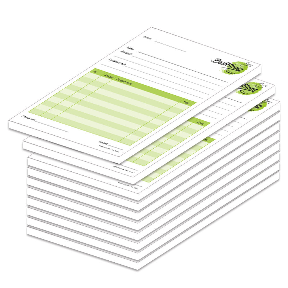 Bestellannahmeblock grün, a5, grüne optik, platz für wichtige bestellinformationen wie kundendaten, artikeldaten, preis, uvm., 10er set