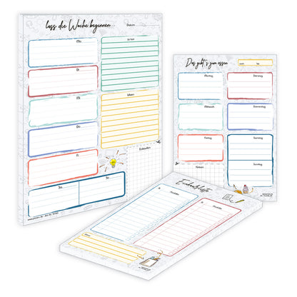 planer komplettsets, planer trio "doodles" weiß-bunte optik, bestehend aus 1 einkaufsliste a5, 1 essensplaner a5 und 1 wochenplaner a4,  alle im design doodles