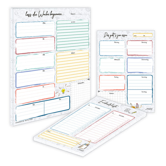 planer komplettsets, planer trio "doodles" weiß-bunte optik, bestehend aus 1 einkaufsliste a5, 1 essensplaner a5 und 1 wochenplaner a4,  alle im design doodles