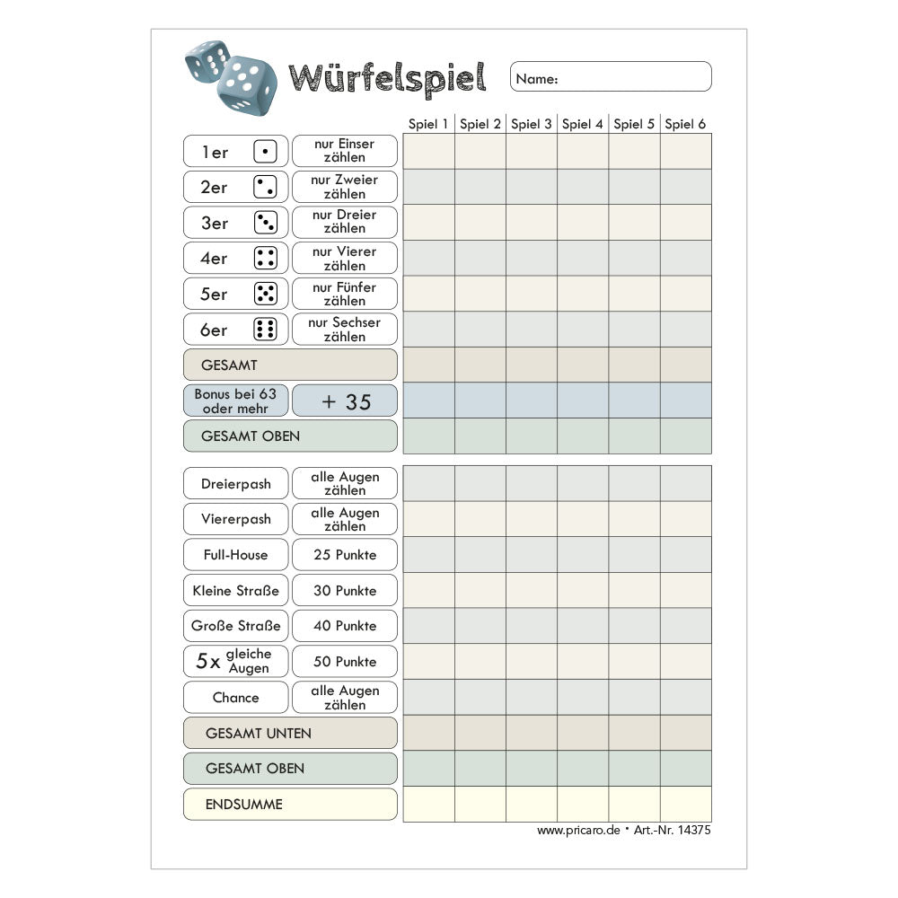 spielblock würfelspiel a6, frontansicht