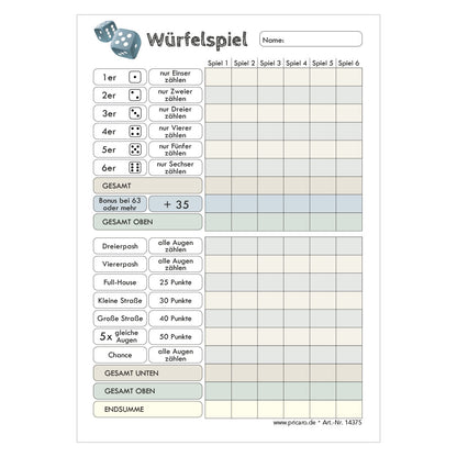 spielblock würfelspiel a6, frontansicht