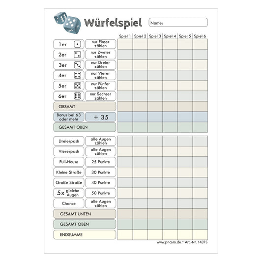 spielblock würfelspiel a6, frontansicht