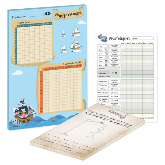 spielesammlung kids 2, 3er set bestehend aus: schiffe versenken din a5, würfelspiel din a6 und hangman din a6