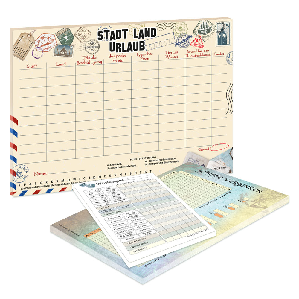 spielesammlung urlaub, 3er set bestehend aus stadt land urlaub din a4, schiffe versenken din a4 und einem würfelspielblock din a6